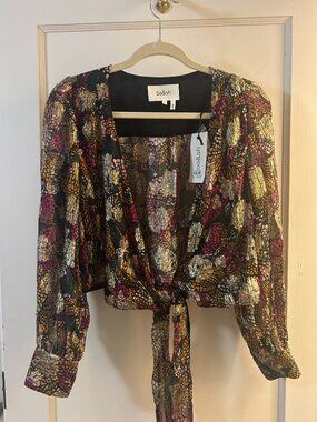 BA&SH Leia Printed Cropped Wrap Top - black and gold multi-color - Medium